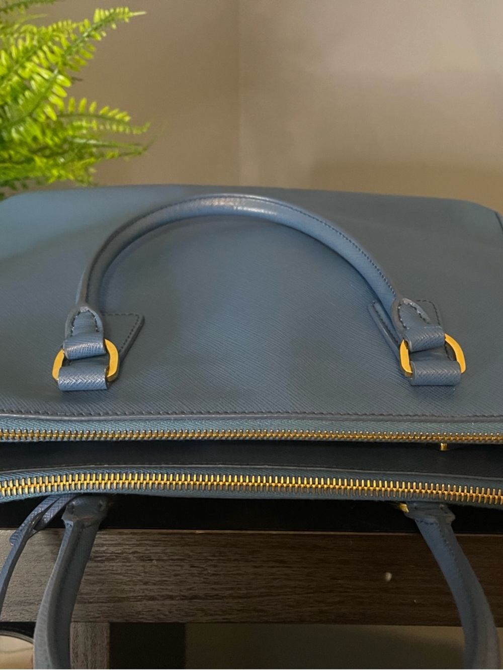 Prada Slate Blue Saffiano Leather Satchel with Gold Hardware - Picture 6 of 12